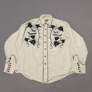 Rockmount Ranch Wear Mens White Embroidered Western Pearl Snap Shirt Medium